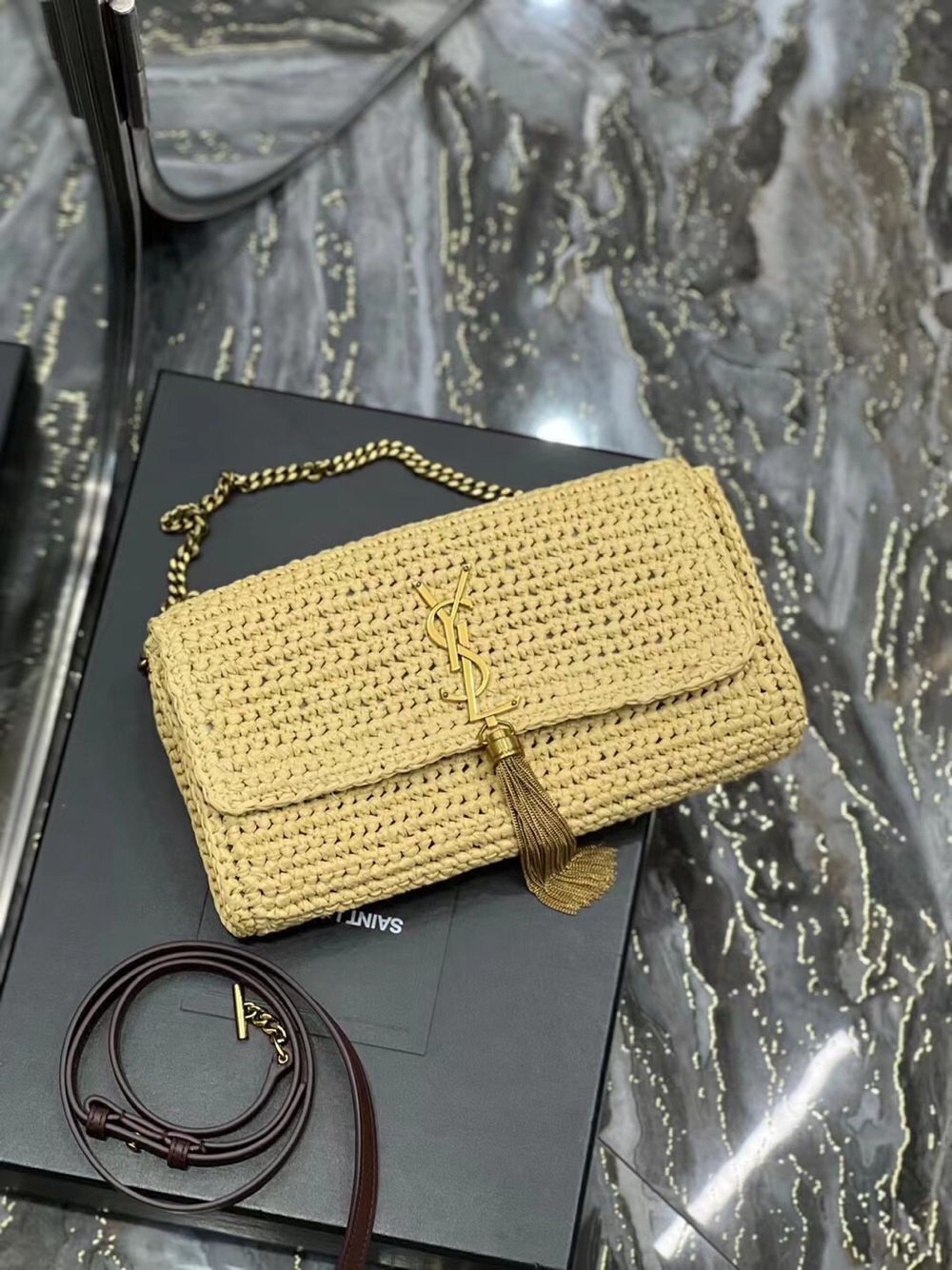 SAINT LAUREN KATE 99 CHAIN BAG WITH TASSEL IN RAFFIA Y664276 apricot