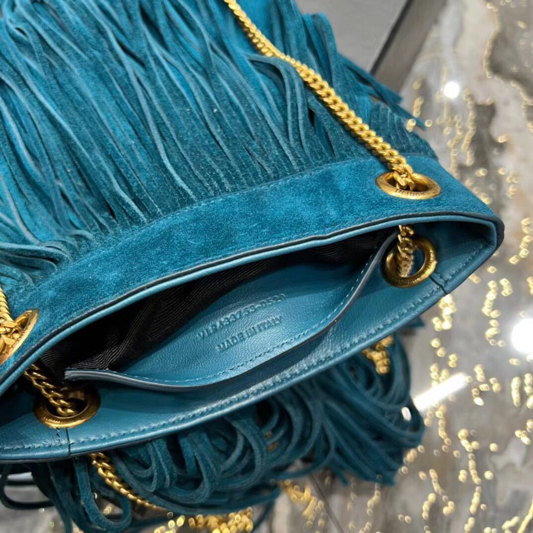 SAINT LAURENT SMALL CHAIN BAG IN LIGHT SUEDE WITH FRINGES 683378 blue