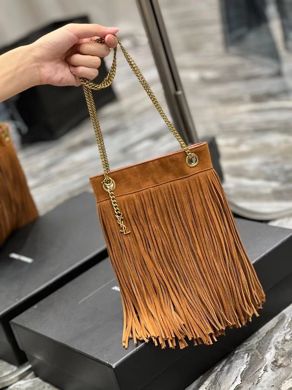 SAINT LAURENT SMALL CHAIN BAG IN LIGHT SUEDE WITH FRINGES 683378 brown