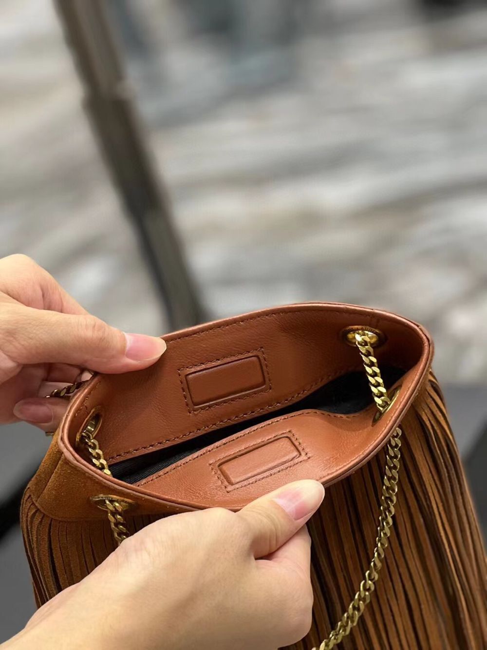 SAINT LAURENT SMALL CHAIN BAG IN LIGHT SUEDE WITH FRINGES 683378 brown