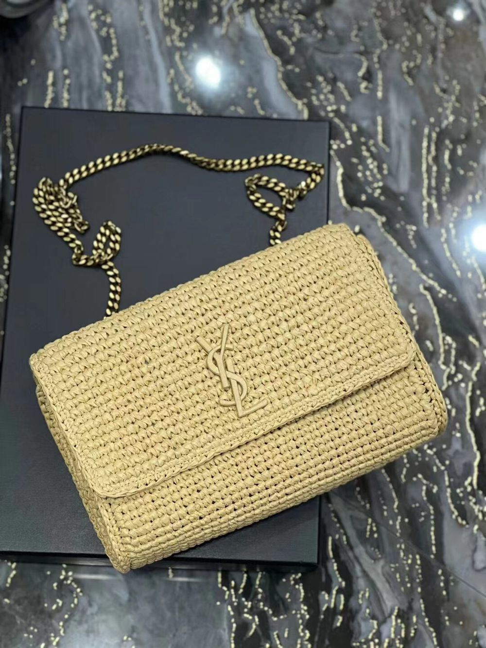 SAINT LAUREN KATE 99 CHAIN BAG IN RAFFIA Y685384 apricot