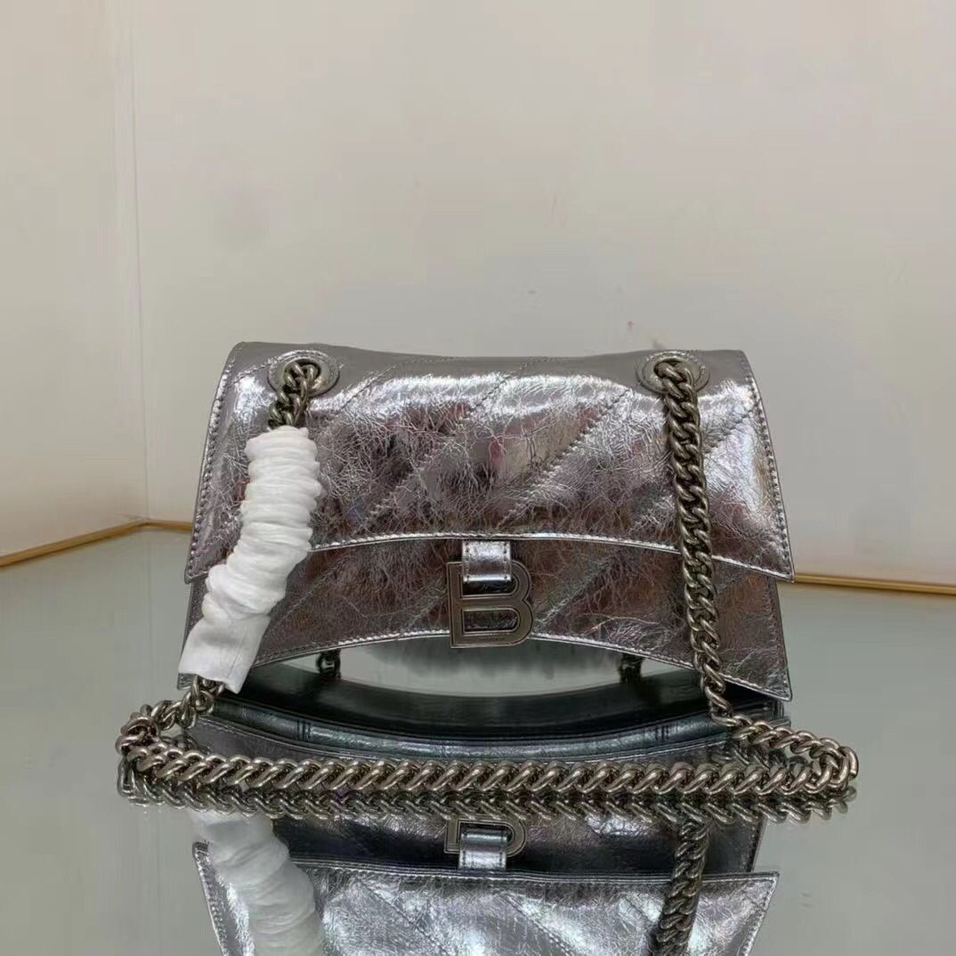 Balenciaga HOURGLASS Wallet With Chain Oil Wax Skin 656051 Silver