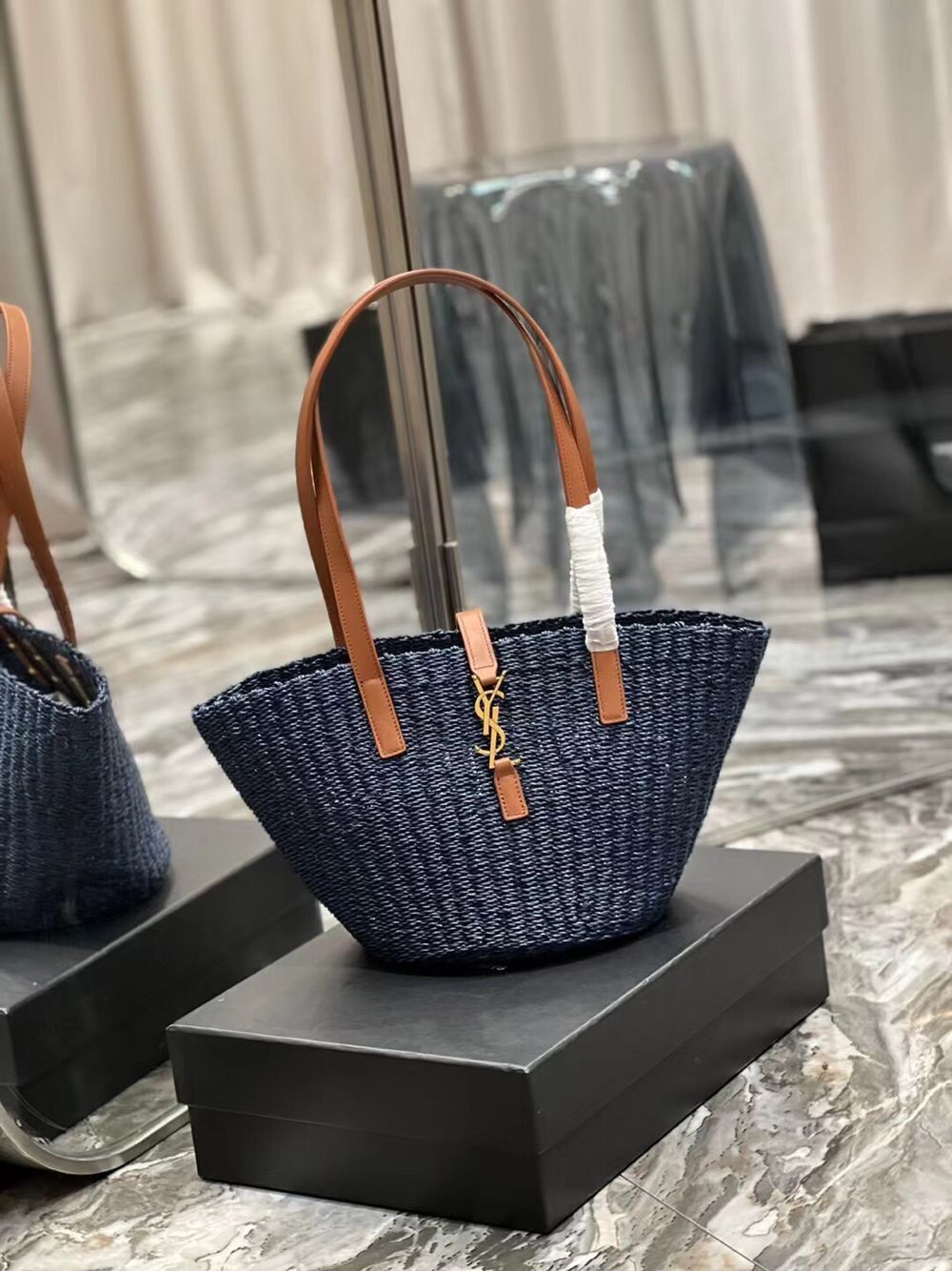 SAINT LAUREN PANIER SMALL BAG IN CROCHET RAFFIA AND SMOOTH LEATHER 685618 dark blue