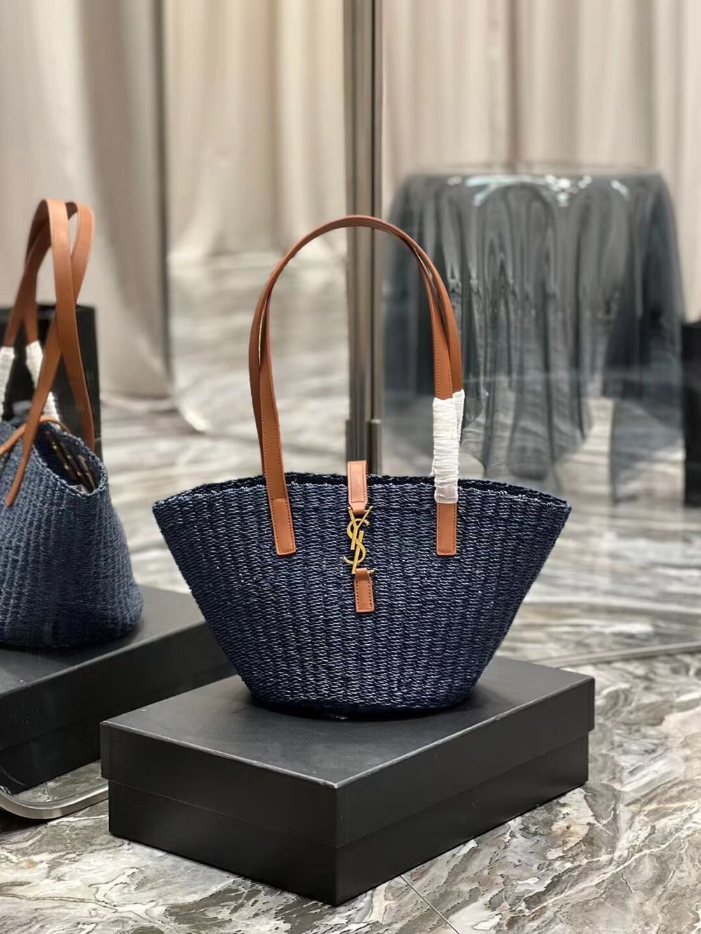 SAINT LAUREN PANIER SMALL BAG IN CROCHET RAFFIA AND SMOOTH LEATHER 685618 dark blue