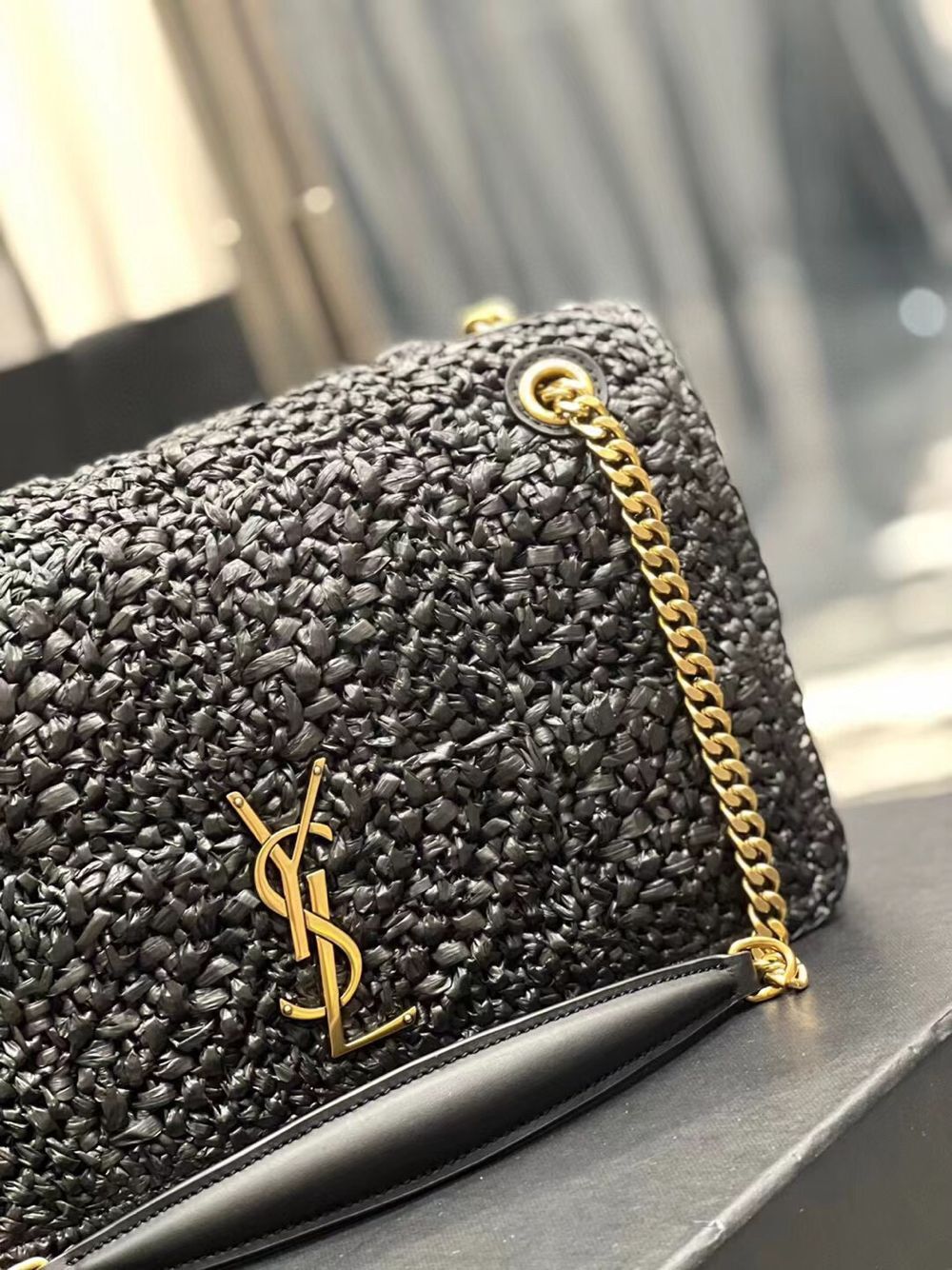 SAINT LAURENT JAMIE MEDIUM CHAIN BAG CARRE RIVE GAUCHE IN CROCHET RAFFIA AND SMOOTH LEATHER 515821 BLACK