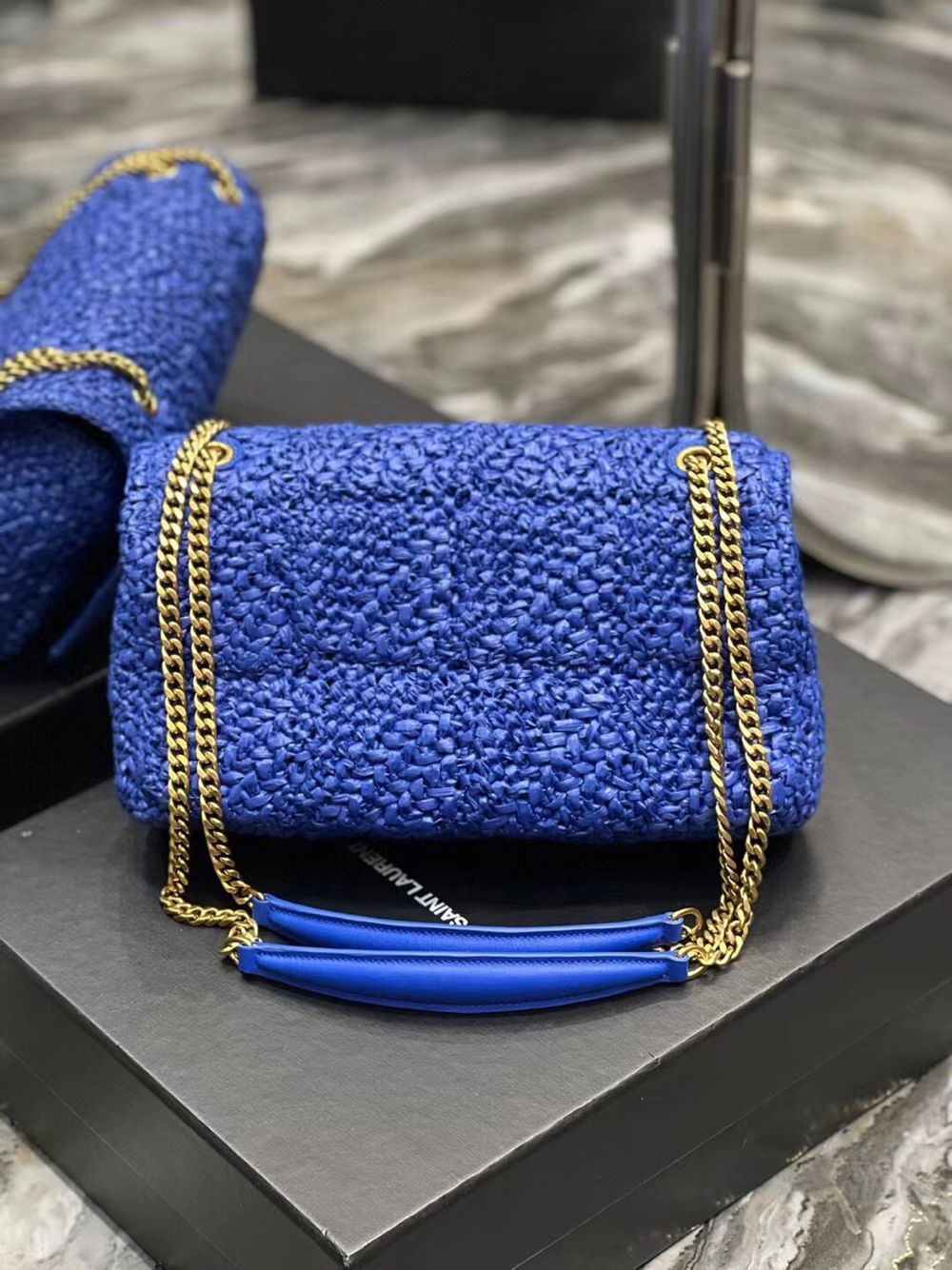 SAINT LAURENT JAMIE MEDIUM CHAIN BAG CARRE RIVE GAUCHE IN CROCHET RAFFIA AND SMOOTH LEATHER 515821 BLUE