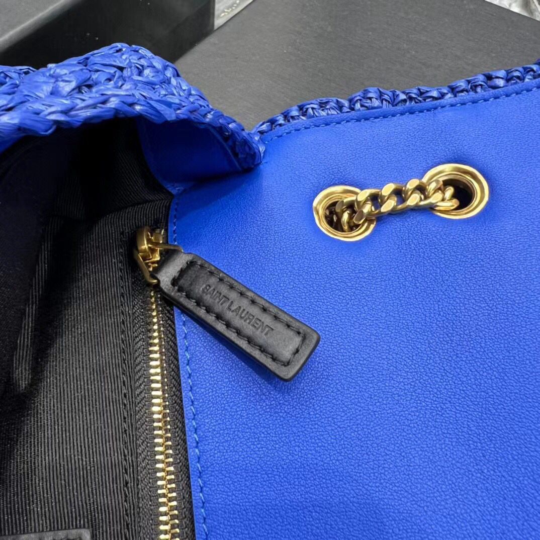 SAINT LAURENT JAMIE MEDIUM CHAIN BAG CARRE RIVE GAUCHE IN CROCHET RAFFIA AND SMOOTH LEATHER 515821 BLUE