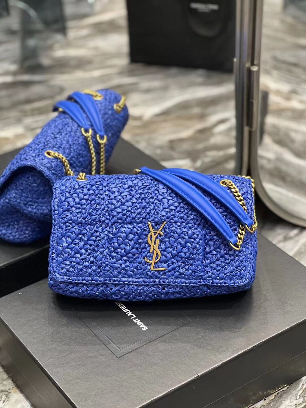 SAINT LAURENT JAMIE MEDIUM CHAIN BAG CARRE RIVE GAUCHE IN CROCHET RAFFIA AND SMOOTH LEATHER 515821 BLUE