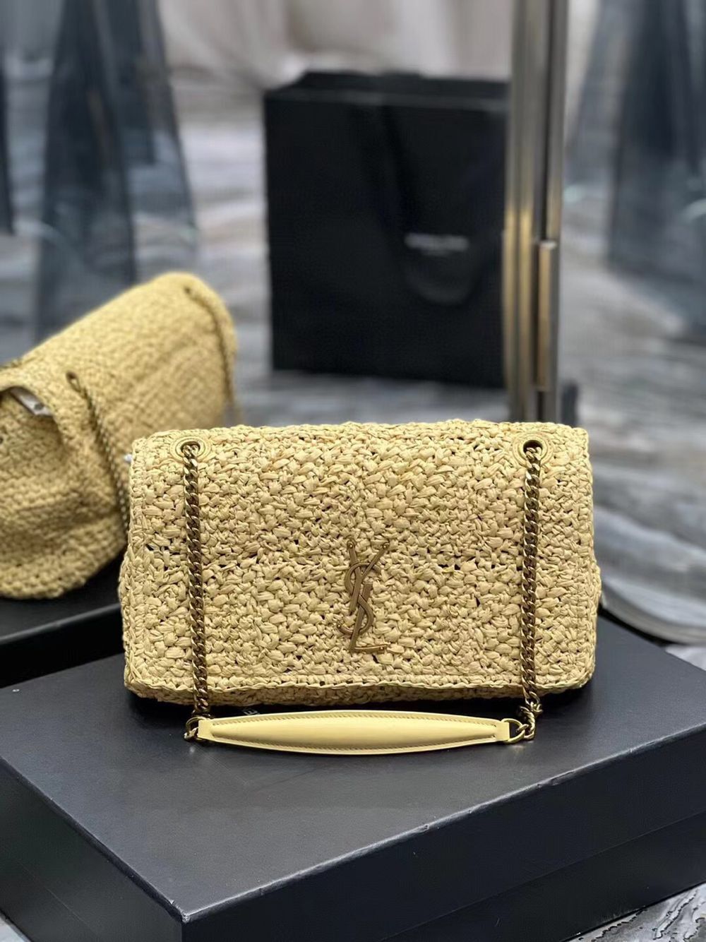 SAINT LAURENT JAMIE MEDIUM CHAIN BAG CARRE RIVE GAUCHE IN CROCHET RAFFIA AND SMOOTH LEATHER 515821 NATUREL