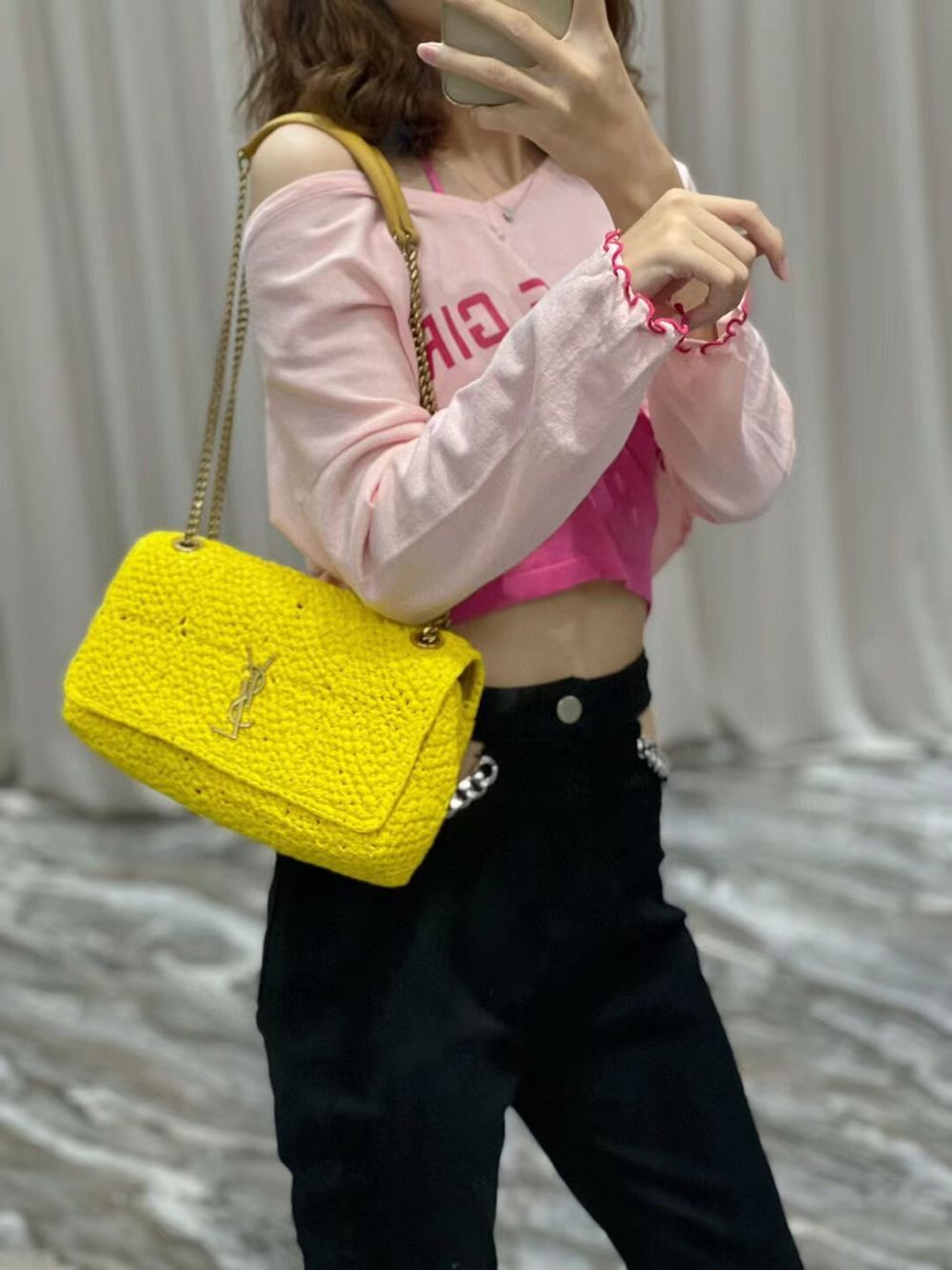 SAINT LAURENT JAMIE MEDIUM CHAIN BAG CARRE RIVE GAUCHE IN CROCHET RAFFIA AND SMOOTH LEATHER 515821 YELLOW