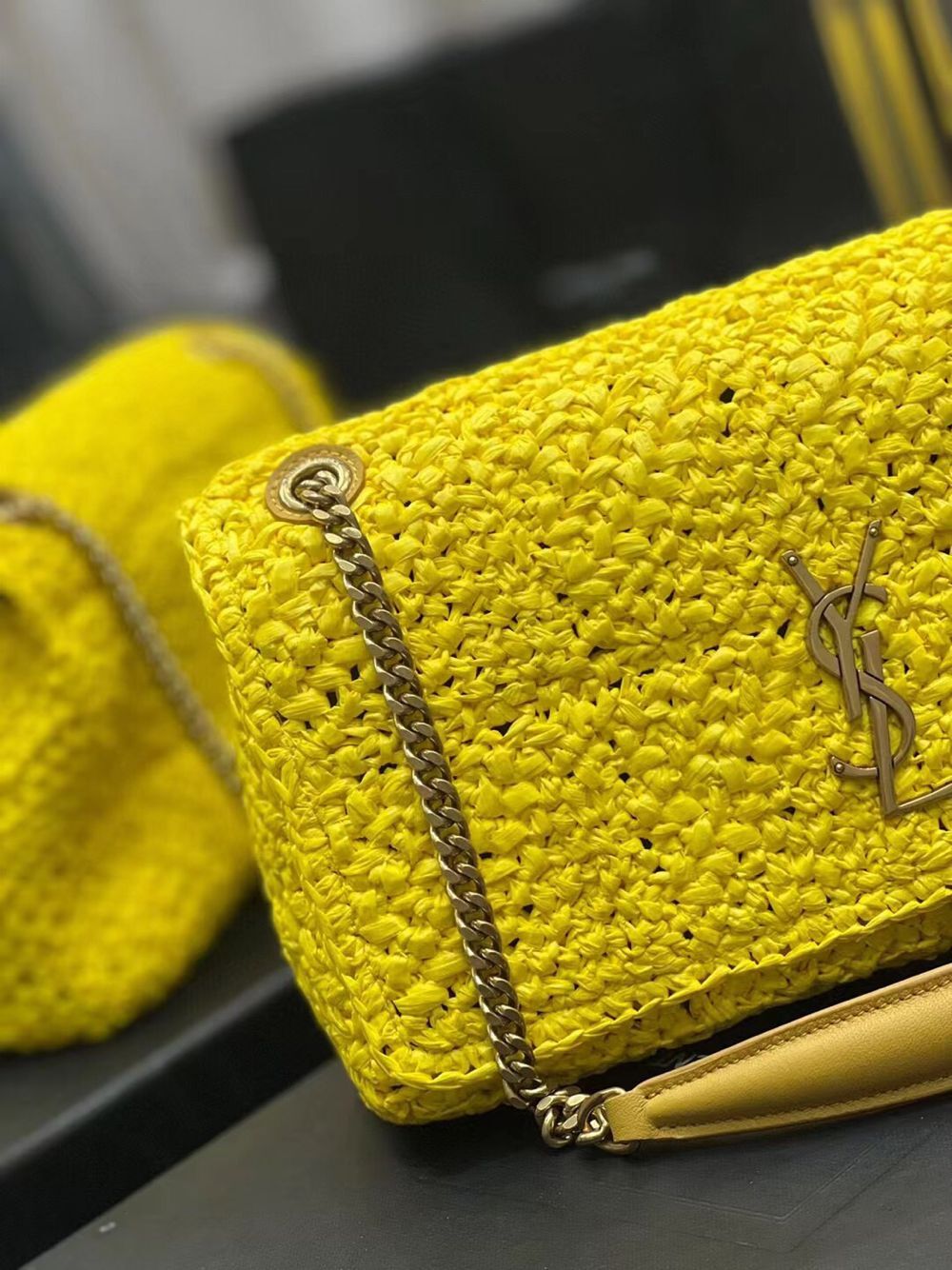 SAINT LAURENT JAMIE MEDIUM CHAIN BAG CARRE RIVE GAUCHE IN CROCHET RAFFIA AND SMOOTH LEATHER 515821 YELLOW