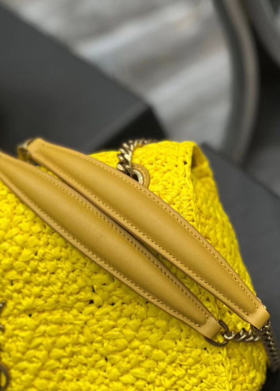 SAINT LAURENT JAMIE MEDIUM CHAIN BAG CARRE RIVE GAUCHE IN CROCHET RAFFIA AND SMOOTH LEATHER 515821 YELLOW