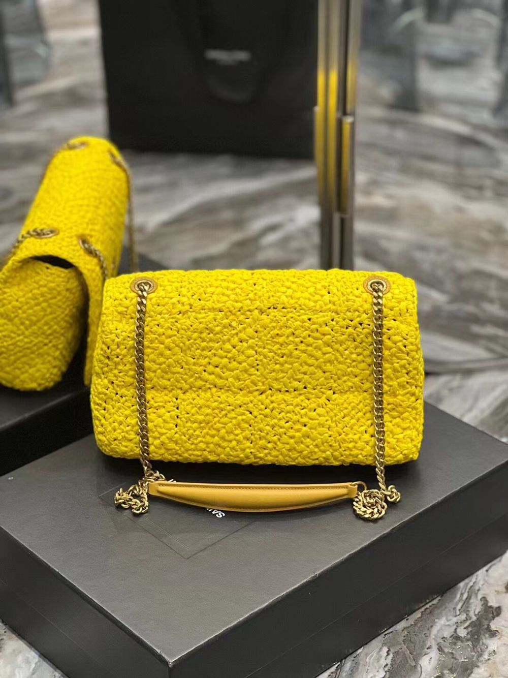 SAINT LAURENT JAMIE MEDIUM CHAIN BAG CARRE RIVE GAUCHE IN CROCHET RAFFIA AND SMOOTH LEATHER 515821 YELLOW