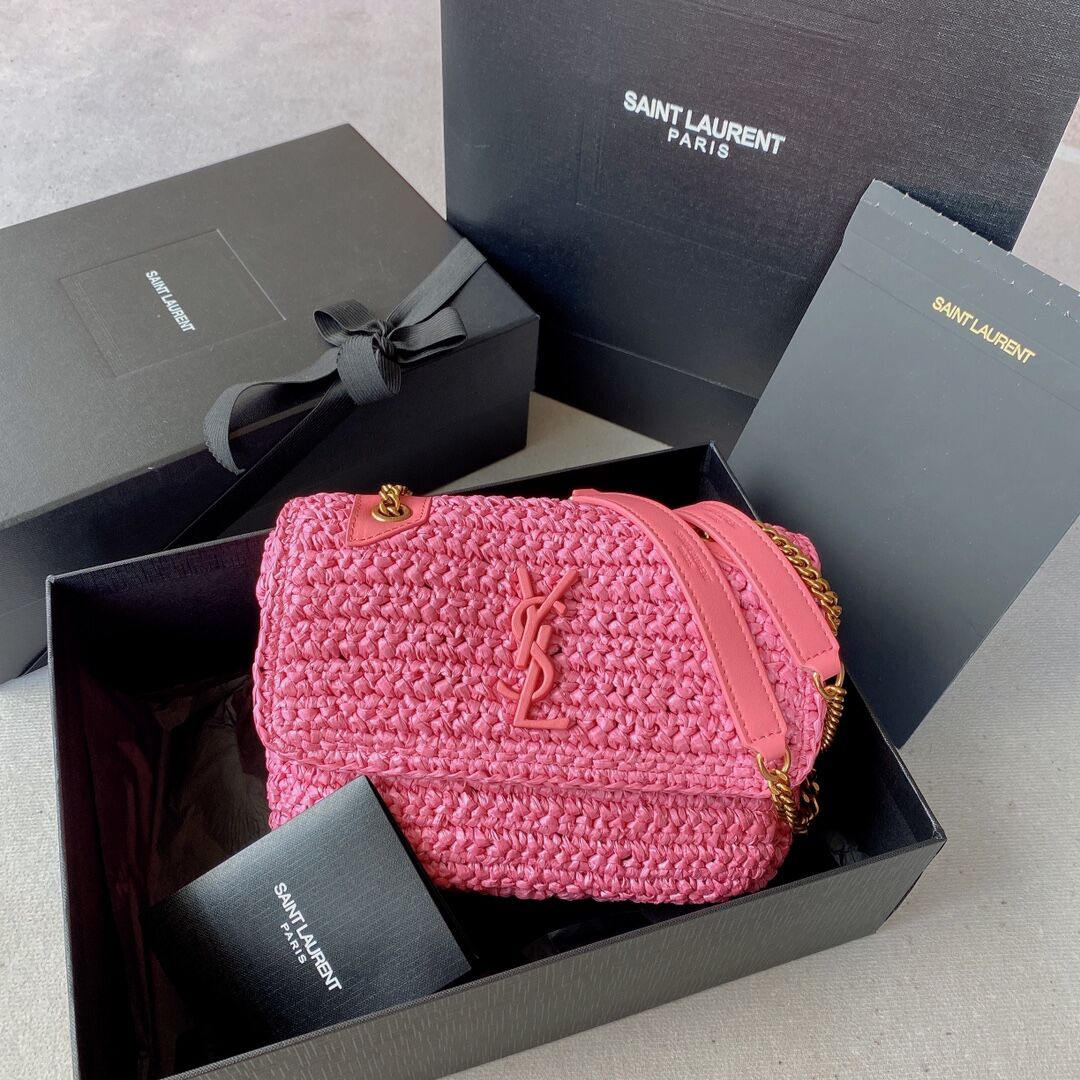 SAINT LAURENT NIKI SMALL CHAIN BAG IN RAFFIA 498892 ROSE