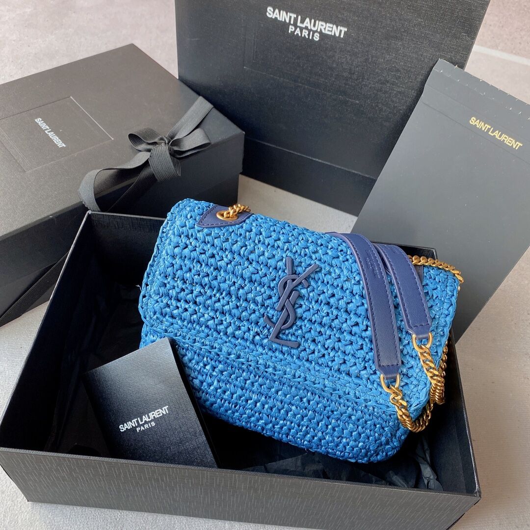 SAINT LAURENT NIKI SMALL CHAIN BAG IN RAFFIA 498892 blue