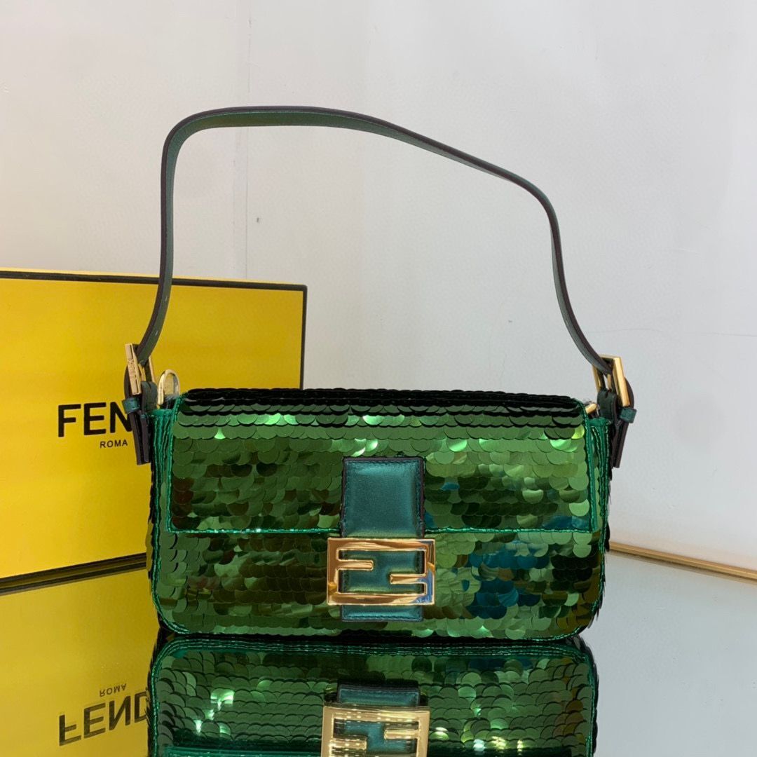 Fendi FF Baguette Gold Metal Sequin Embroidery Bag 2017 Green