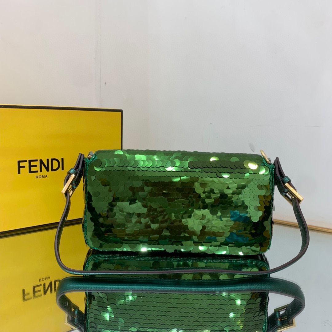 Fendi FF Baguette Gold Metal Sequin Embroidery Bag 2017 Green