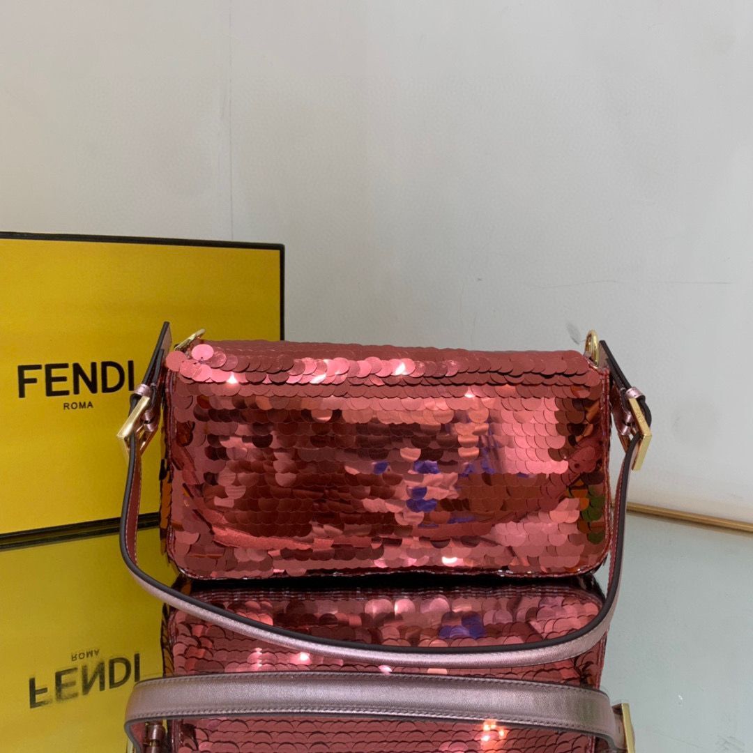 Fendi FF Baguette Gold Metal Sequin Embroidery Bag 2017 Wine