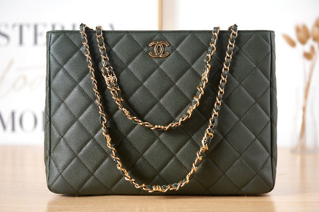 CHANEL Grained Calfskin & Gold-Tone Metal SHOPPING BAG AS3583 blackish green