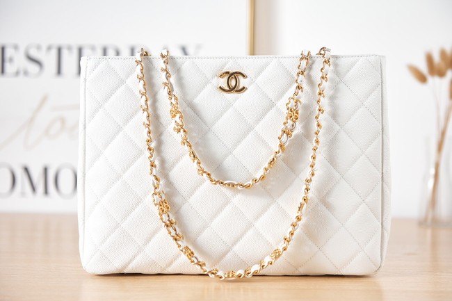 CHANEL Grained Calfskin & Gold-Tone Metal SHOPPING BAG AS3583 white