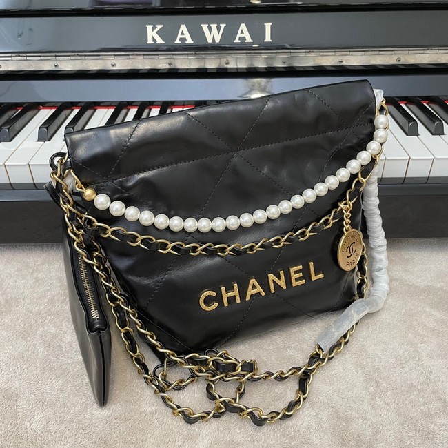 CHANEL MINI 22 HANDBAG Metallic Calfskin & gold Metal AS3989 black