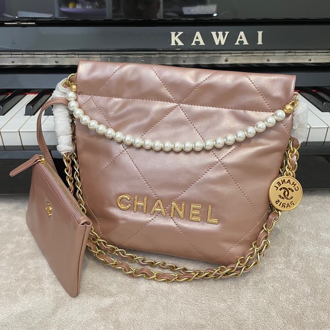 CHANEL MINI 22 HANDBAG Metallic Calfskin & gold Metal AS3989 pink