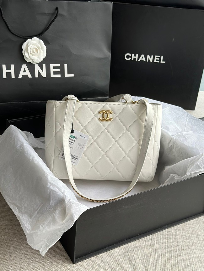 CHANEL Calfskin & Gold-Tone Metal AS3508 white