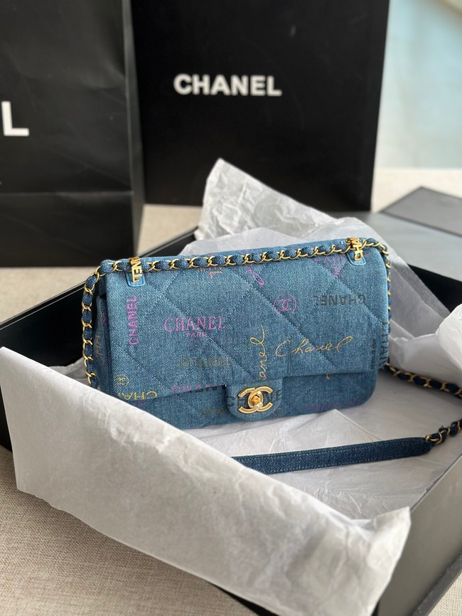 CHANEL Printed Denim & Gold-Tone Metal AS3134 blue