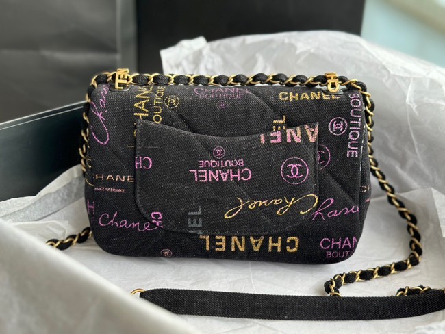 CHANEL Printed Denim & Gold-Tone Metal AS3135 black