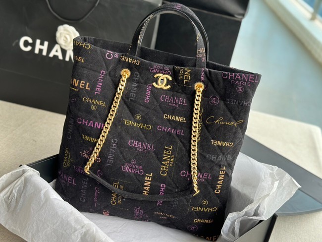 CHANEL Printed Denim & Gold-Tone Metal AS3136 black