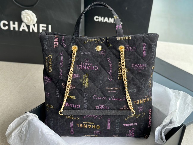 CHANEL Printed Denim & Gold-Tone Metal AS3136 black