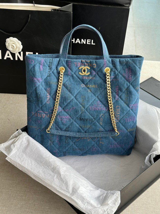 CHANEL Printed Denim & Gold-Tone Metal AS3136 blue