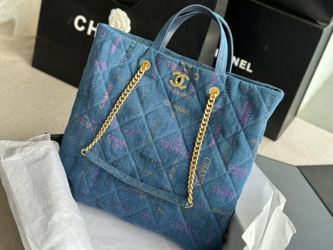 CHANEL Printed Denim & Gold-Tone Metal AS3136 blue