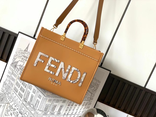 FENDI SUNSHINE MEDIUM leather and elaphe shopper 8BH386A brown