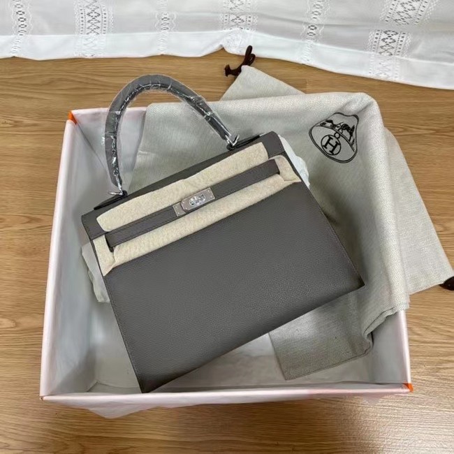 Hermes Kelly 25cm Shoulder Bags Epsom KL2755 dark grey&silver-Tone Metal