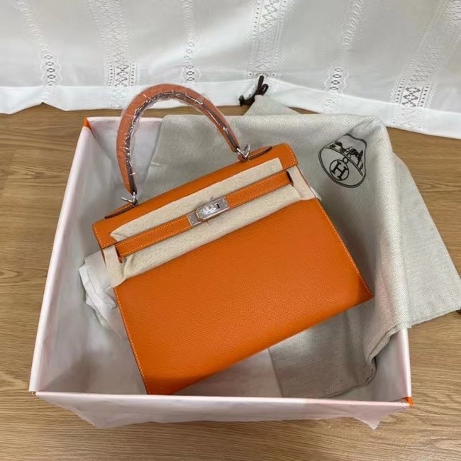 Hermes Kelly 25cm Shoulder Bags Epsom KL2755 orange&silver-Tone Metal