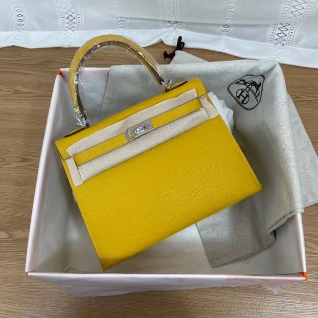 Hermes Kelly 25cm Shoulder Bags Epsom KL2755 yellow&silver-Tone Metal