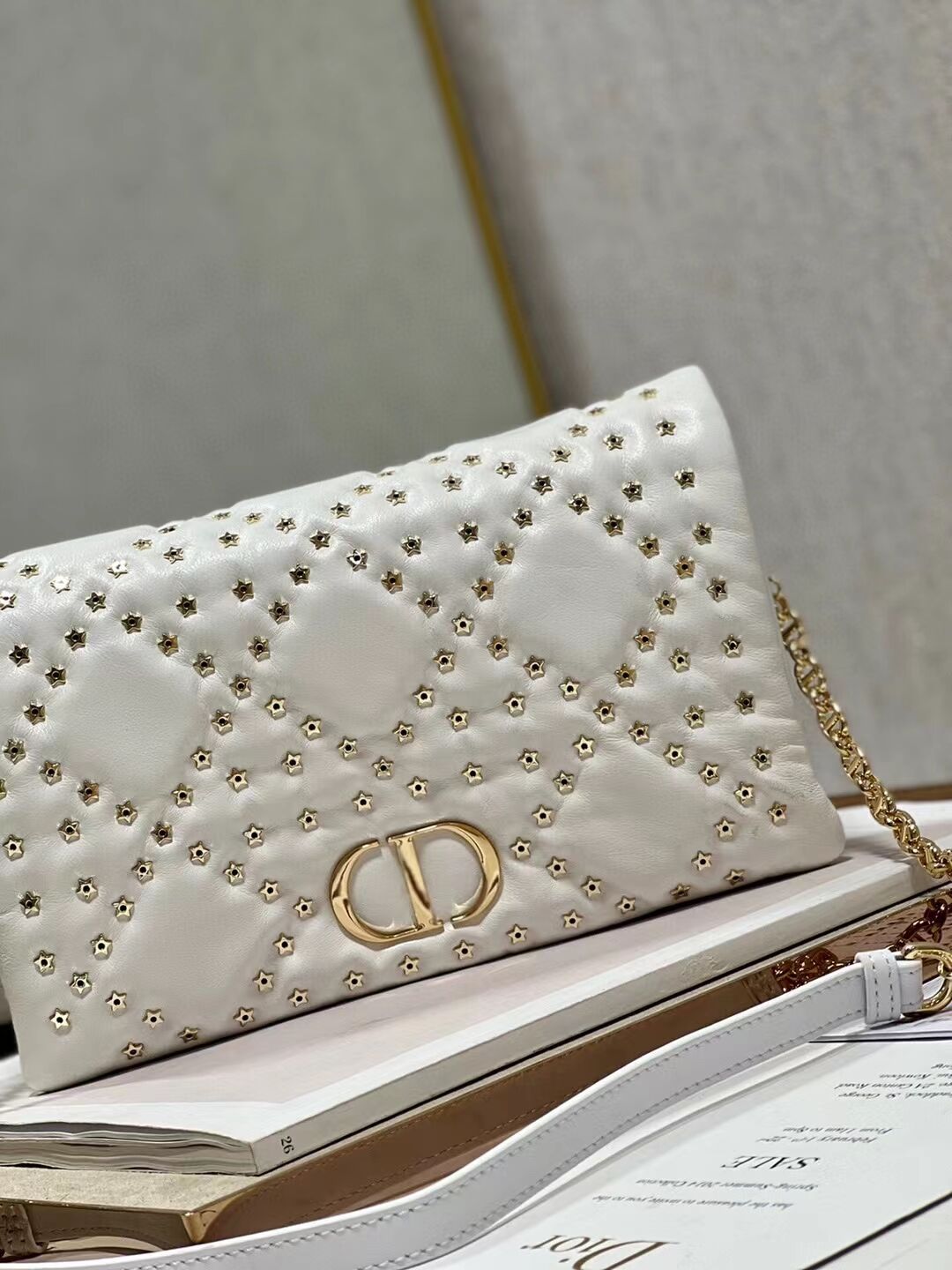 DIOR CARO MACROCANNAGE POUCH Macrocannage Calfskin with Star Motif S5135BB white