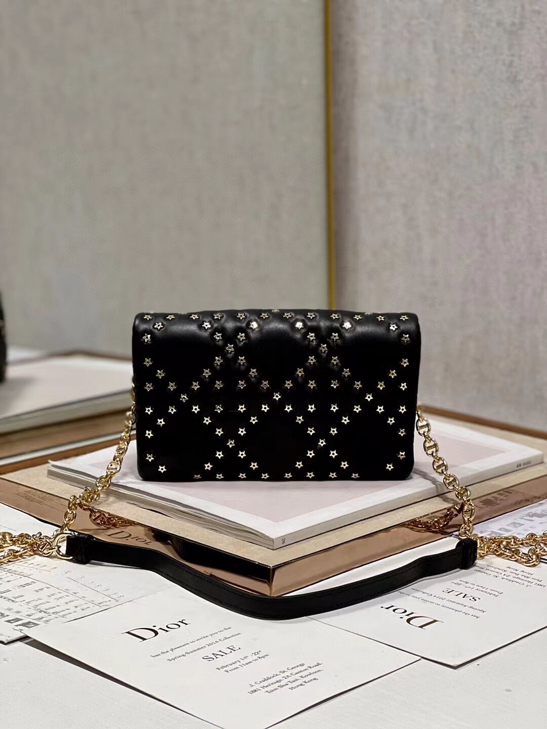 DIOR CARO MACROCANNAGE POUCH Macrocannage Calfskin with Star Motif S5135UNH black&gold