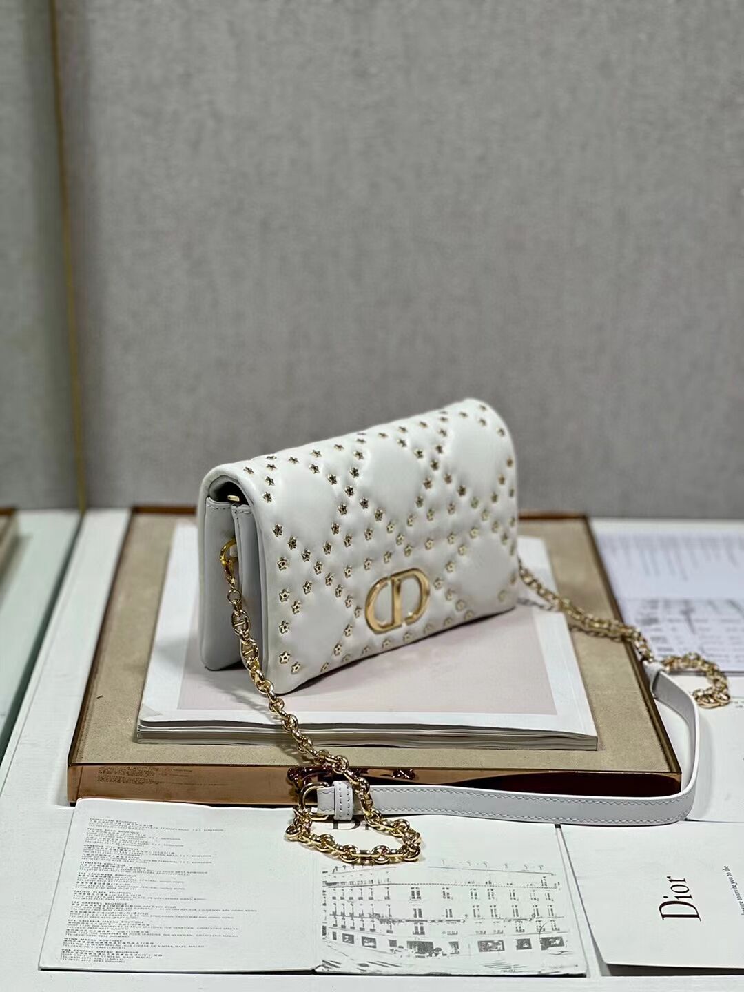 DIOR CARO MACROCANNAGE POUCH Macrocannage Calfskin with Star Motif S5135UNH white&gold