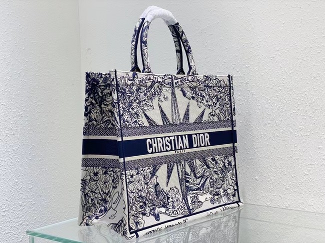 LARGE DIOR BOOK TOTE White and Blue Multicolor Reve dInfini Embroidery M1286Z