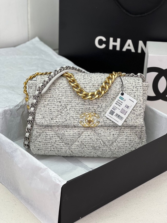 CHANEL 19 HANDBAG Cotton Tweed AS1161 white