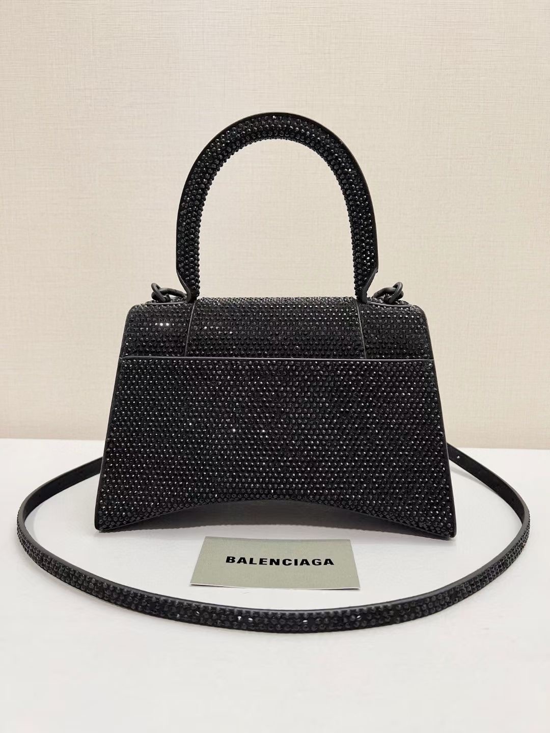 Balenciaga WOMENS HOURGLASS SMALL HANDBAG WITH RHINESTONES 592834 black