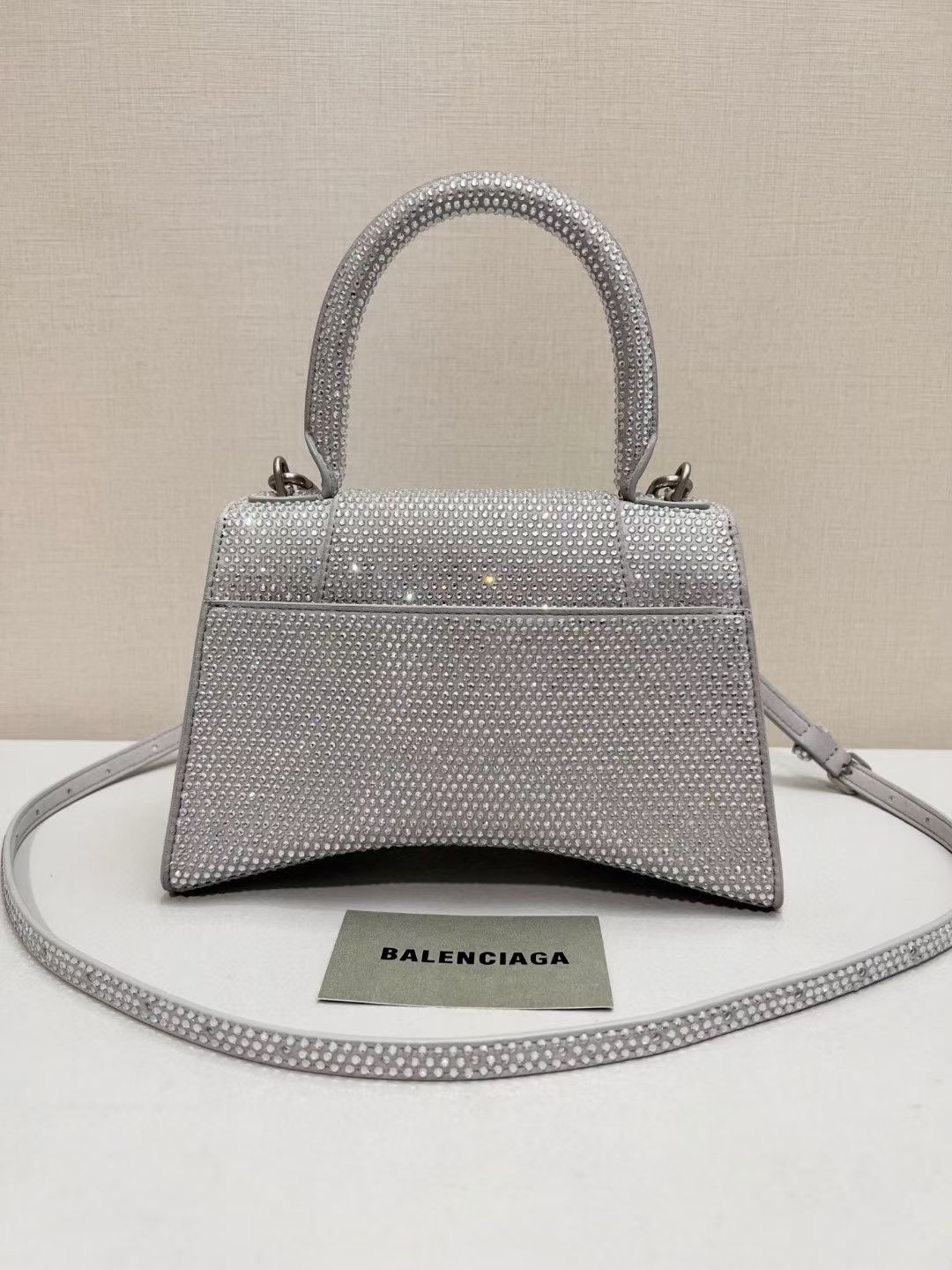 Balenciaga WOMENS HOURGLASS SMALL HANDBAG WITH RHINESTONES 592834 silver