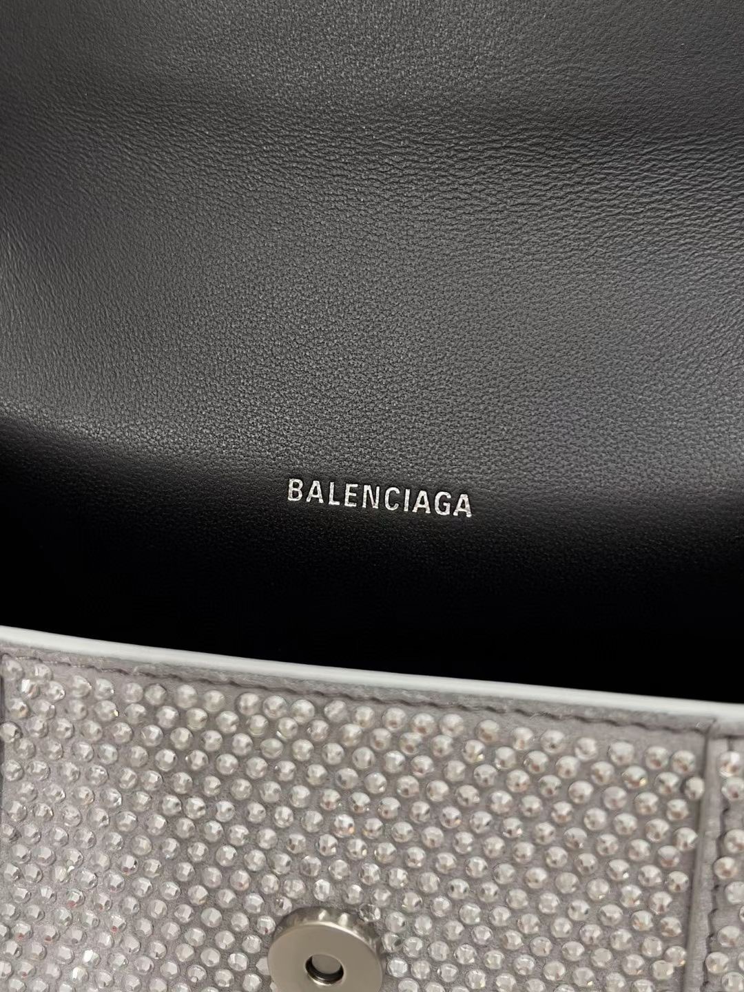 Balenciaga WOMENS HOURGLASS XS HANDBAG WITH RHINESTONES 283328 IN silver