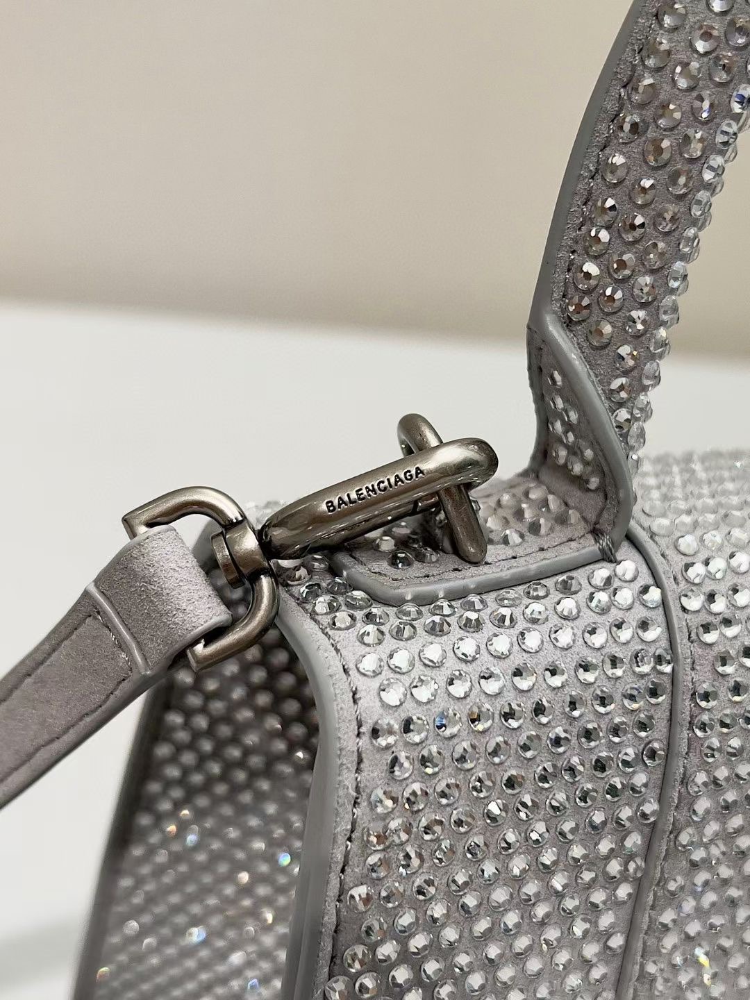 Balenciaga WOMENS HOURGLASS XS HANDBAG WITH RHINESTONES 283328 IN silver