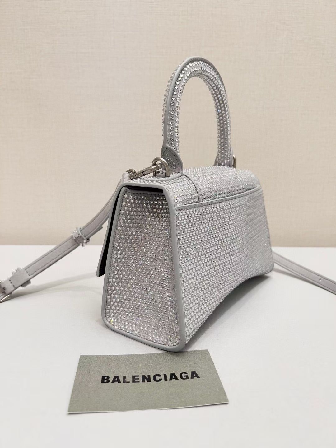 Balenciaga WOMENS HOURGLASS XS HANDBAG WITH RHINESTONES 283328 IN silver