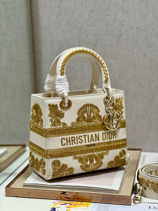 DIOR MEDIUM LADY D-LITE BAG gold and White Ornamental Cornely-Effect Embroidery M0565O