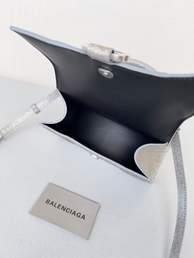 Balenciaga WOMENS HOURGLASS XS HANDBAG IN SPARKLING FABRIC 592833 IN SILVER