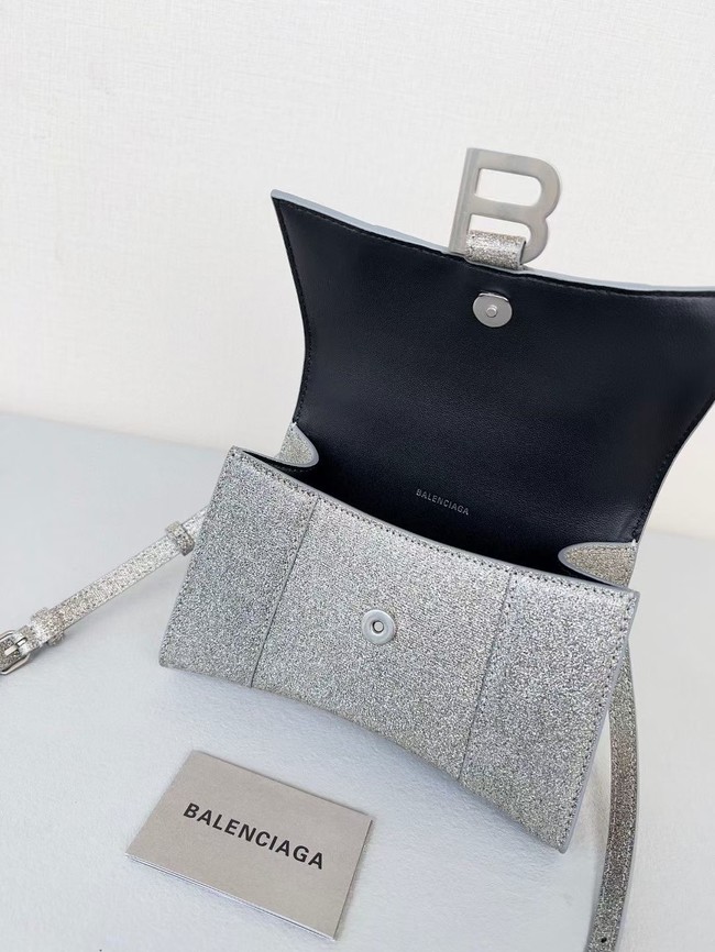 Balenciaga WOMENS HOURGLASS XS HANDBAG IN SPARKLING FABRIC 592833 IN SILVER